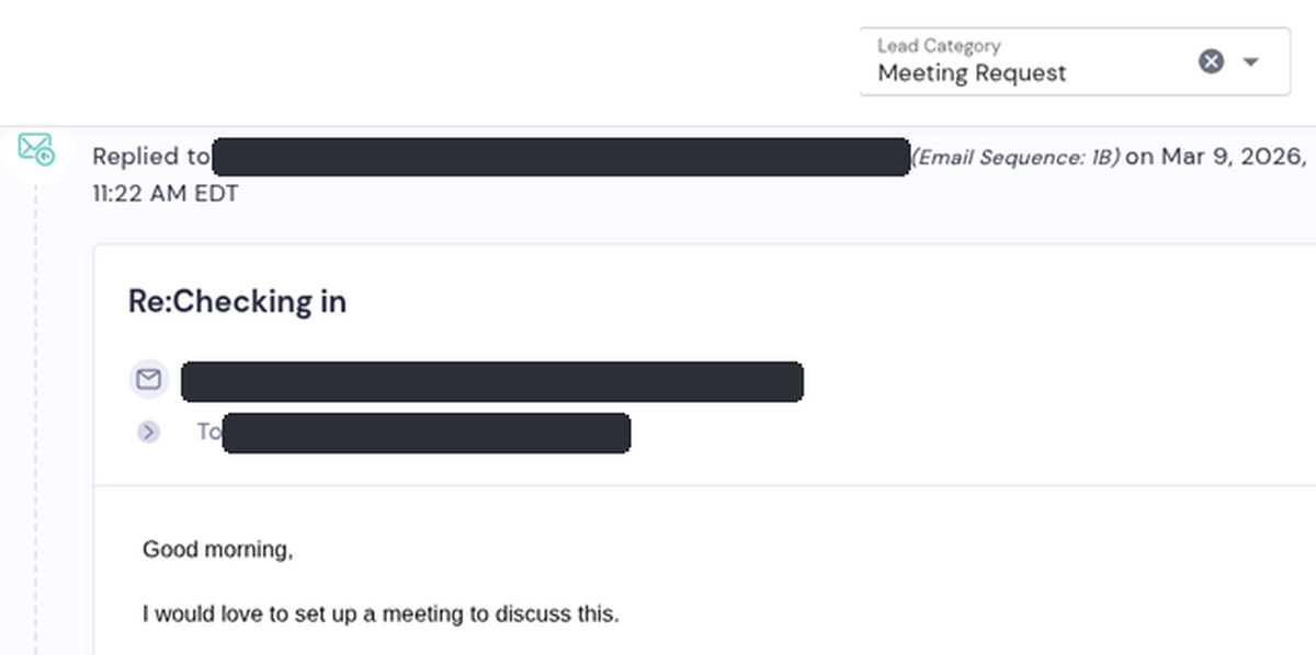Smartlead inbox screenshot of a real prospect reply, details redacted